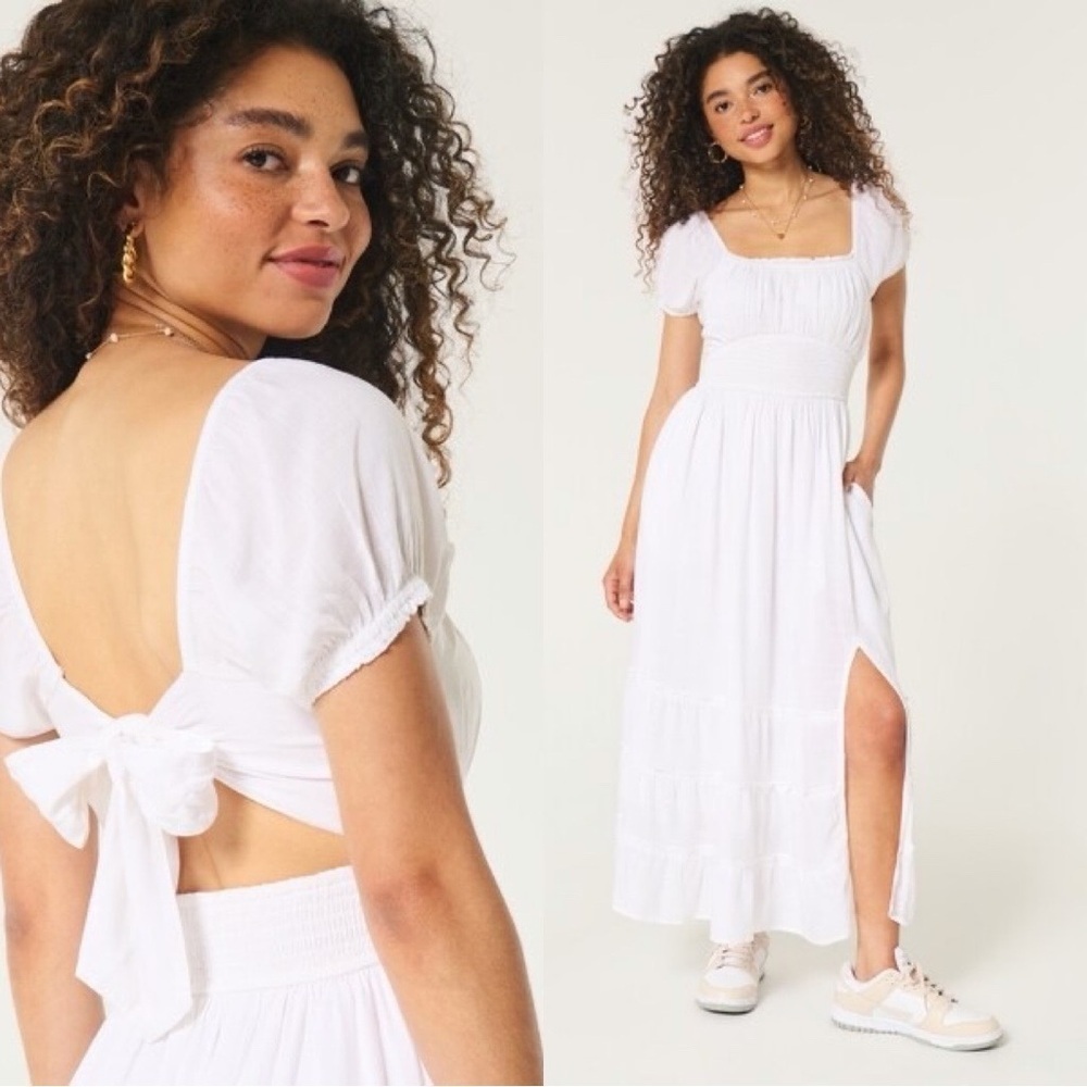 HOLLISTER Maxi Ruffled Puff Short Sleeve White Dress Sz M